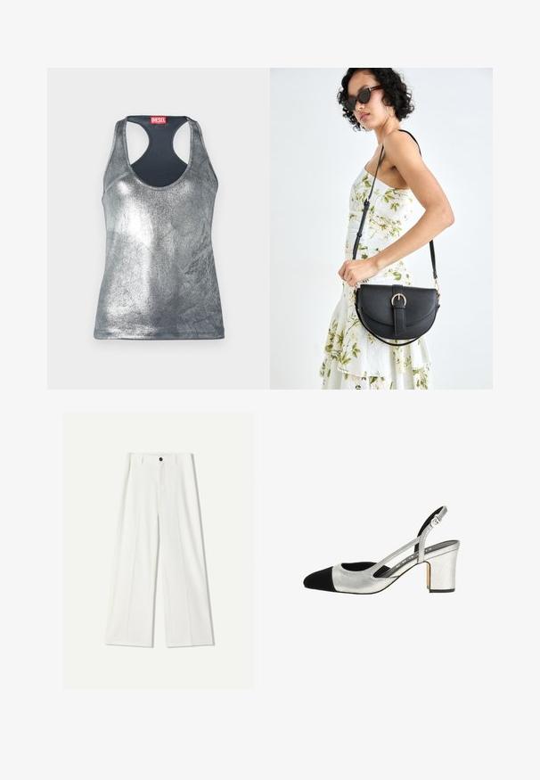Srebrna metalik bezrukavna majica s okruglim izrezom i dizajnom s otvorenim leđima, s crvenom etiketom na leđima. Glatka tekstura.; Bijele široke hlače napravljene od glatkog materijala, s prednjim dugmadi i naborima. Ravni dizajn sprijeda, bez vidljivih džepova.; Srebrne čizme s remenom na peti, s crnim vrhom, teksturiranim gornjim dijelom i blok-štiklom. Imaju izrezane bočne strane i podesivi remen za udobnost.; Crna kožna torba s lukovitim oblikom, odvojivim remenom i zlatnim detaljima. Torba ima preklop s kopčom.