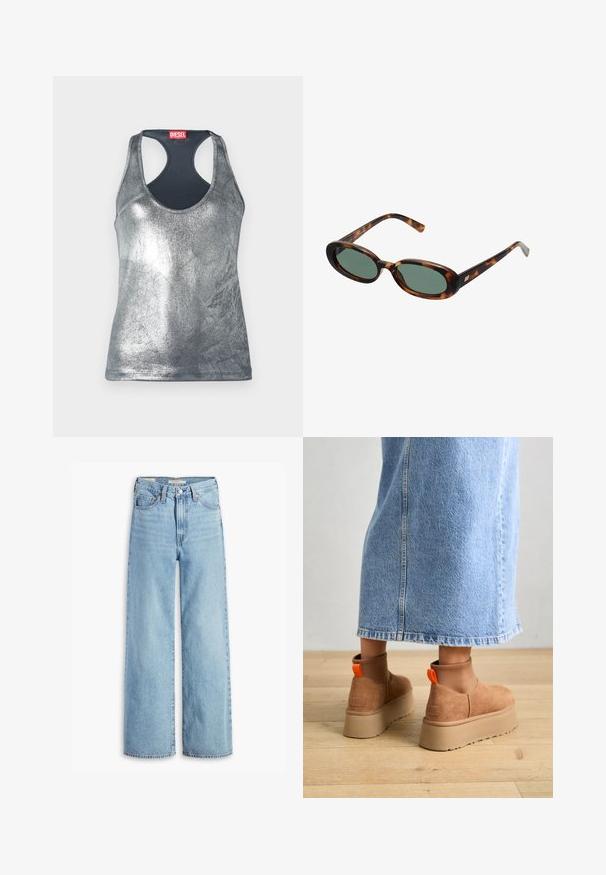 Top sin mangas de metal plateado con escote redondo y diseño de espalda nadadora, que presenta una etiqueta roja en la parte posterior. Textura suave.; Jeans de pierna ancha de talle alto, de un azul claro, con botón y cremallera en el frente, lazos para cinturón y estilo de cinco bolsillos.; Botas de plataforma de ante marrón con paneles laterales elásticos y tiradores naranjas, combinadas con una falda de mezclilla ligera hasta la rodilla sobre un suelo de madera.; Gafas de sol de carey con montura ovalada y lentes verdes. Presentan brazos delgados con un detalle metálico cerca de las bisagras.