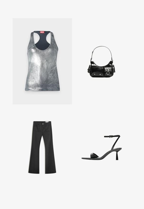 Srebrna metalna brezrokavna majica s krožnim izrezom in obliko za tek, z rdečo etiketo na hrbtu. Gladka tekstura.; Črne flare traperke z gladko teksturo, opremljene z dvema zadnjima žepoma in gumbnim zapiranjem v pasu.; Bershka Sandali z visoko peto - black; Črna lakasta usnjena torbica s ukrivljeno obliko, enim ramenskim trakom, sprednjimi žepi in srebrnimi kovinskimi dodatki.