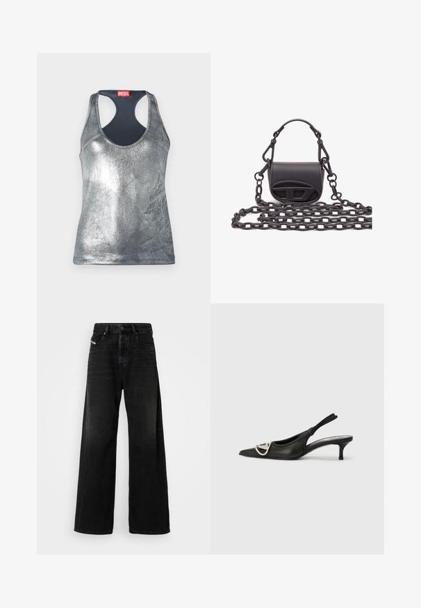 Sidabrinis metalinis be rankovių marškinėlis su apvaliomis iškirptėmis ir lenkimu nugaroje, su raudona etikete gale. Lygi tekstūra.; Plačios juodos džinsinės kelnės su aukštu liemeniu, turinčios mygtuką, priekinėmis kišenėmis ir išblukusia faktūra.; Juodas odinis šlepetės tipo batai su smailiu pirštu, su sidabro logotipo akcentu ir mažu kulnu. Lygus paviršius ir minimalistinis dizainas.; Mažas juodas rankinės pagamintas iš lygaus odos, su apvalia forma, priekyje esantį logotipą akcentuojančiu elementu ir tekstūruotu grandinės dirželiu.