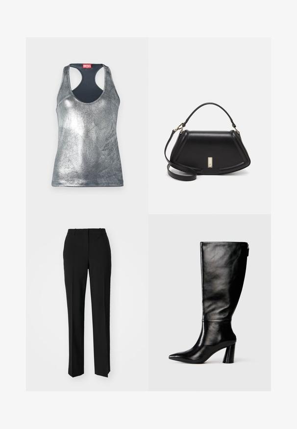 Débardeur sans manches en métal argenté avec un col rond et un design dos nageur, arborant une étiquette rouge à l'arrière. Texture lisse.; Pantalon noir ajusté avec une coupe droite, présentant une texture lisse et des plis nets sur le devant. Aucune quincaillerie visible.; Botte en cuir noir à hauteur de genoux avec un bout pointu, une texture lisse et un talon épais. Elle présente un zip à l'arrière.; Sac à main en cuir noir avec un design structuré, featuring une forme cropped, une poignée supérieure et des accents en matériel doré. Bandoulière réglable incluse.