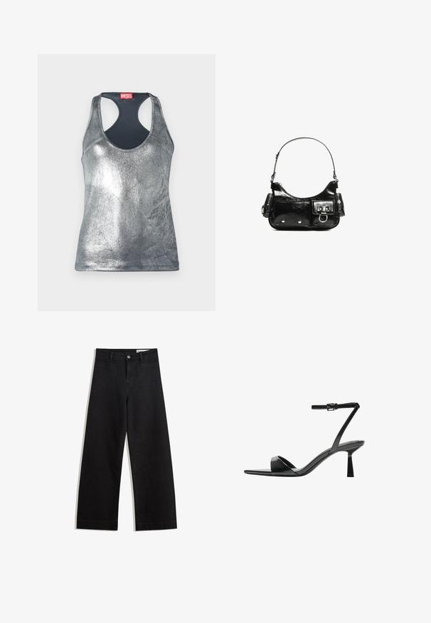 Top de tip tank metallic argintiu, fără mâneci, cu guler rotund și design racerback, având o etichetă roșie în spate. Textură netedă.; Pantaloni din denim negri cu picioare largi, cu talie înaltă, având buzunare frontale și posterioare, cusături dublate și închidere cu nasture. Textură netedă.; Bershka Sandale cu toc - black; Geantă de mână din piele lăcuită neagră, cu o formă curbată, un umăr, buzunare frontale și accente din metal argintiu.