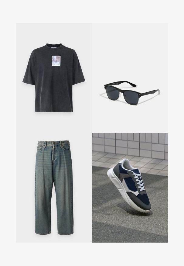 Schwarzes, oversized T-Shirt aus Baumwolle mit kurzen Ärmeln und einem quadratischen Grafikdruck, der eine Stadtansicht zeigt. Es hat eine weiche Textur und einen Rundhalsausschnitt.; Helle blaue Denim-Jeans mit lockerer Passform, mittelhoher Taille und geraden Beinen. Hat fünf Taschen, Gürtelschlaufen und einen Knopfverschluss.; Sneaker mit einem Obermaterial aus navyblauem Mesh, grauen Wildlederelementen, einer weißen Gummisohle und flachen weißen Schnürsenkeln, entworfen für Komfort und Atmungsaktivität.; Schwarze Sonnenbrille mit rechteckiger Form, dunklen Gläsern, silbernen Akzenten an den Bügeln und mattierter Oberfläche des Rahmens.