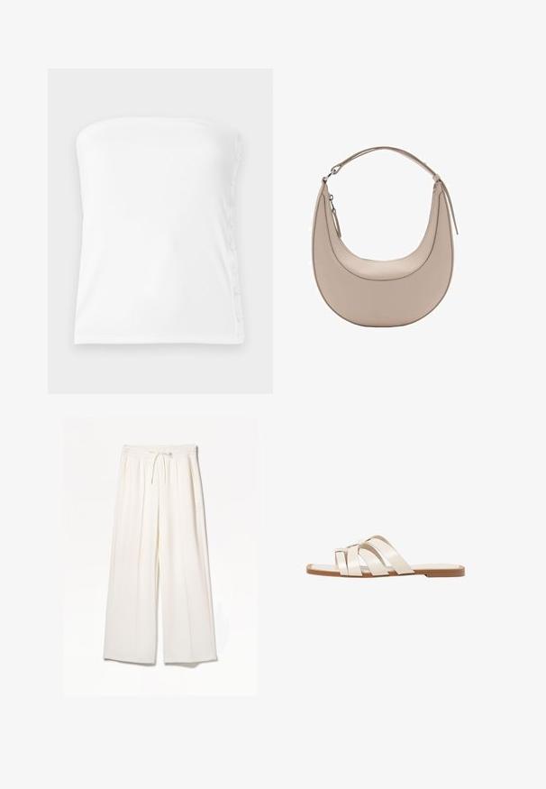 Bijela top bez naramenica od rebraste tkanine, s ravnim dekolteom i gumbima duž desne strane za prilagodljivu veličinu.; Bijele široke hlače napravljene od laganog materijala, s elastičnim pojasom, vezicom i bočnim džepovima bez vidljivih uzoraka.; Ravne sandale s smeškom od gume, dizajnirane s tri preklapajuće bele kožne trake i malim detaljem mašne u sredini.; Bež kožna torba za rame u obliku polumjeseca, glatke teksture i s jednim zakrivljenim ručkom. Sadrži zatvor na zip i uredno šivenje.