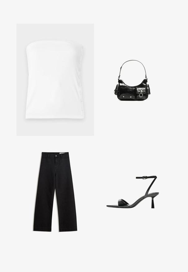 White strapless top made of ribbed fabric, featuring a straight neckline and buttons along the right side for adjustable fit.; Black wide-leg denim pants with a high waist, featuring front and back pockets, stitched seams, and a button closure. Smooth texture.; Bershka High heeled sandals - black; Black patent leather handbag with a curved shape, one shoulder strap, front pockets, and silver-tone hardware accents.
