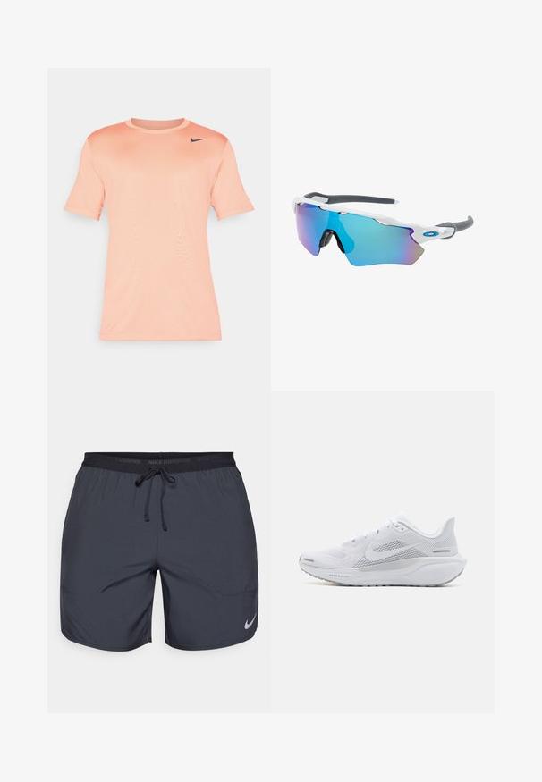 T-shirt Nike a maniche corte in pesca chiaro, realizzato in tessuto morbido. Presenta un collo tondo e un logo nero sul lato sinistro superiore.; Shorts da corsa Nike di colore grigio scuro, con cintura elastica e cordino, e un accento di logo argento sulla parte inferiore della gamba destra.; Scarpa sportiva bianca con tomaia in rete, sovrapposizioni a trama liscia, accenti grigi, lacci e una suola ammortizzata progettata per le prestazioni.; Occhiali da sole con montatura bianca, dettagli grigi e lenti a specchio blu. Design sportivo, forma avvolgente e naselli regolabili.