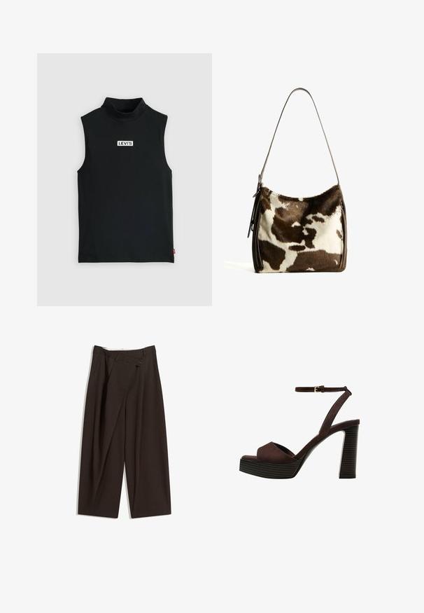 Fekete, ujjatlan garbó felső rugalmas anyagból, középen fehér Levi's logóval egy téglalap alakú folton, sima textúrával.; Sötétbarna, bő szárú nadrág magas derékkal, egyetlen gombos záródással és redős elülső résszel. Könnyű anyagból készült.; Barna velúr magassarkú szandál nyitott orral, állítható bokapánttal és csíkozott platformtalppal.; Barna és krémszínű tehénbőr válltáska sima bőrszíjjal, cipzáras záródással és puha, texturált felülettel, amely természetes mintázattal rendelkezik.