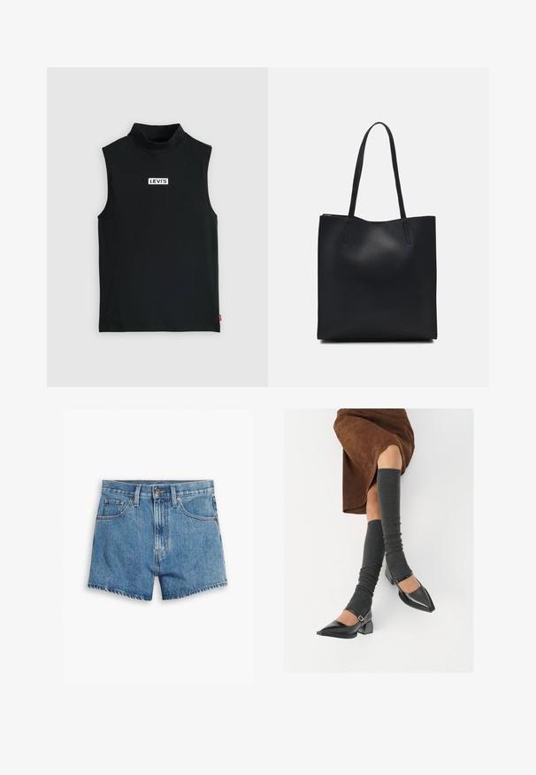 Crna majica s visokom ovratnikom bez rukava, izrađena od rastezljivog materijala, s bežičnim bijelim Levi's logom na pravokutnoj oznaci, s glatkom teksturom.; Traper šorts u svijetloplavoj boji, sa pet džepova, rajsferšlusom i kopčanjem na dugme. Rubovi su pohabani, a dizajn je opušten.; Crne lakirane cipele s šiljastim prstima, blok-petom i remenom oko gležnja, uparene s sivim rebrastim čarapama do koljena i smešnom suknjom od antilopa.; Crna kožna torba za nošenje s glatkom teksturom, pravokutnim oblikom i dvije duge ručke. Nema vidljivih metalnih dijelova ili ukrasa.