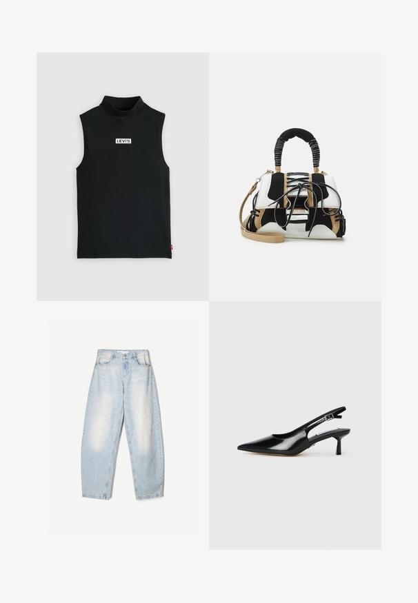 Black sleeveless turtleneck top made of stretch fabric, featuring a central white Levi's logo on a rectangular patch, with smooth texture.; Light blue denim jeans with a loose fit, featuring a faded finish, two front pockets, and a button closure at the waistband.; Black patent leather slingback heels with a pointed toe, thin heel, and adjustable buckle strap. Smooth texture with minimal detailing.; Multicolored handbag with black, white, and beige mesh. Features a textured handle, lace-up design, and detachable shoulder strap.