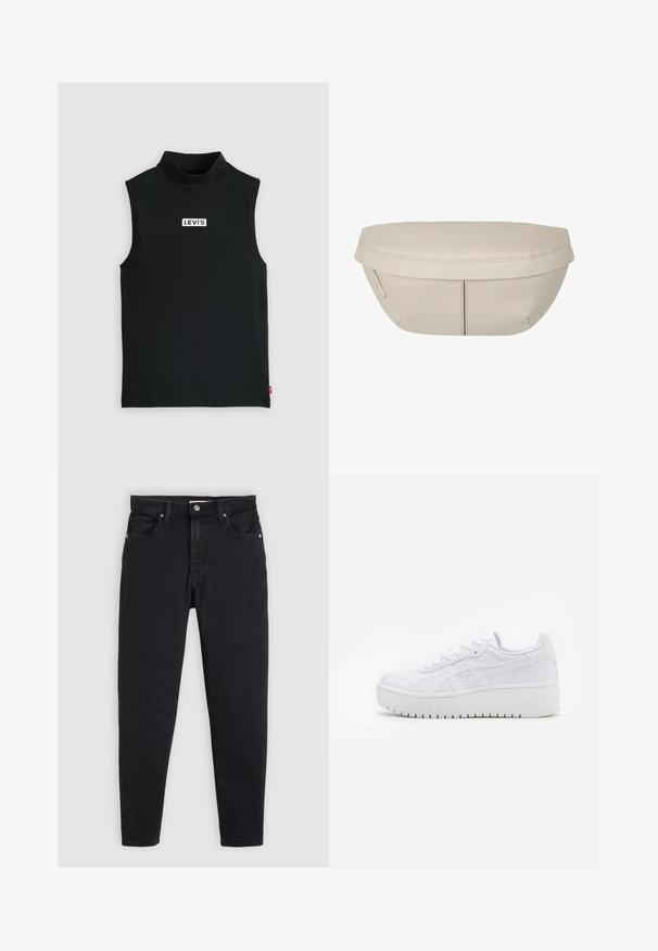 Černý bezrukávový rolák vyrobený z elastického materiálu, se středovým bílým logem Levi's na obdélníkovém nášivce, s hladkou texturou.; Černé slim-fit džíny s knoflíkovým a zipovým zapínáním, pěticípým designem a poutky na opasek na světle šedém pozadí.; Bílé platformové tenisky s hladkým koženým povrchem, perforovanými detaily a plochými tkaničkami; mají silnou bílou gumovou podrážku.; Beige textilní taštička s kulatým tvarem, která má plochý vršek a jemné švy. Obsahuje minimalistické logo a boční popruh.