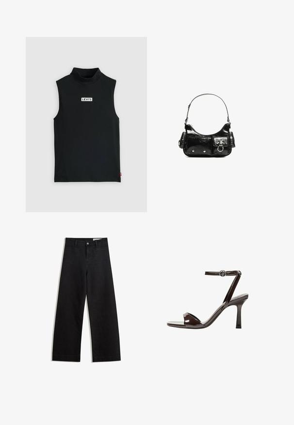 Čierny bezrukávový rolák vyrobený z elastickej tkaniny, s centrálne umiestneným bielym logom Levi's na obdĺžnikovom štítku, s hladkou textúrou.; Čierne denimové nohavice s širokými nohavicami a vysokým pásom, so prednými a zadnými vreckami, šitými švami a zapínaním na gombík. Hladká textúra.; Hnedé lakované sandále na vysokom opätku s remienkom okolo členka, otvorenou špičkou a elegantným, minimalistickým dizajnom. Obsahujú štvorcovú pätu.; Čierna laková kožená kabelka s ohnutým tvarom, jedným ramenným popruhom, prednými vreckami a striebornými kovovými doplnkami.