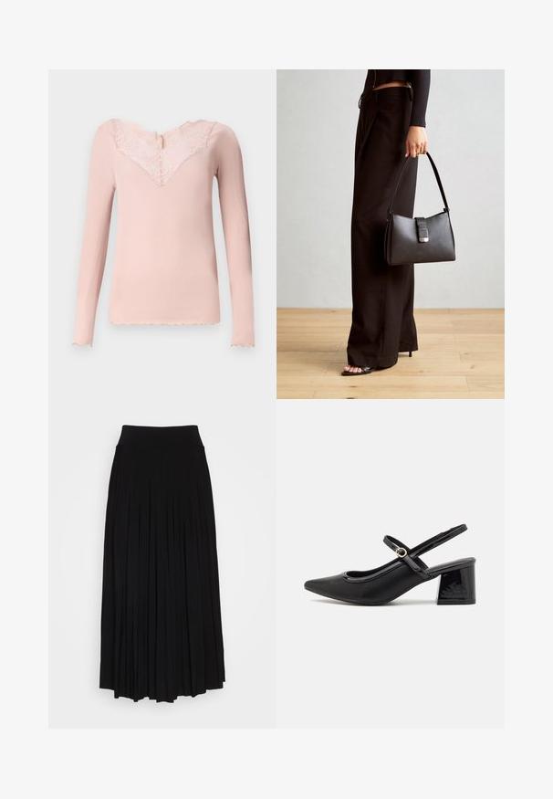 Top roz deschis cu mânecă lungă, cu textură în dungi, decolteu din dantelă și margini zimțate. Design simplu, croială ajustată și material moale.; Fustă plisată neagră cu un talie înaltă, elastică. Fabricată dintr-un material moale, prezintă plisuri verticale pentru o siluetă fluidă.; Cizme cu toc slingback din piele sintetică lacuită neagră, cu vârful ascuțit, un design cu decupaj rotunjit și toc bloc. Include un accent cu cataramă de culoare aurie.; Genți negre cu o formă structurată, textură netedă și un închizător metalic. Asortată cu pantaloni negri largi și sandale cu vârf deschis pe un podea din lemn.