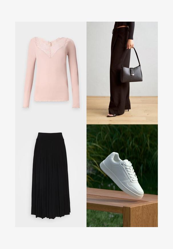 Light pink long-sleeve top with ribbed texture, lace neckline, and scalloped edges. Simple design, fitted shape, and soft fabric.; Black pleated skirt with a high, stretchy waistband. Made from soft fabric, featuring vertical pleats for a flowing silhouette.; White sneaker with a smooth synthetic upper, perforated toe box, flat laces, and a textured sole, displayed on a wooden surface.; Black handbag with structured shape, smooth texture, and a metallic clasp. Paired with wide black pants and open-toe sandals on wooden floor.