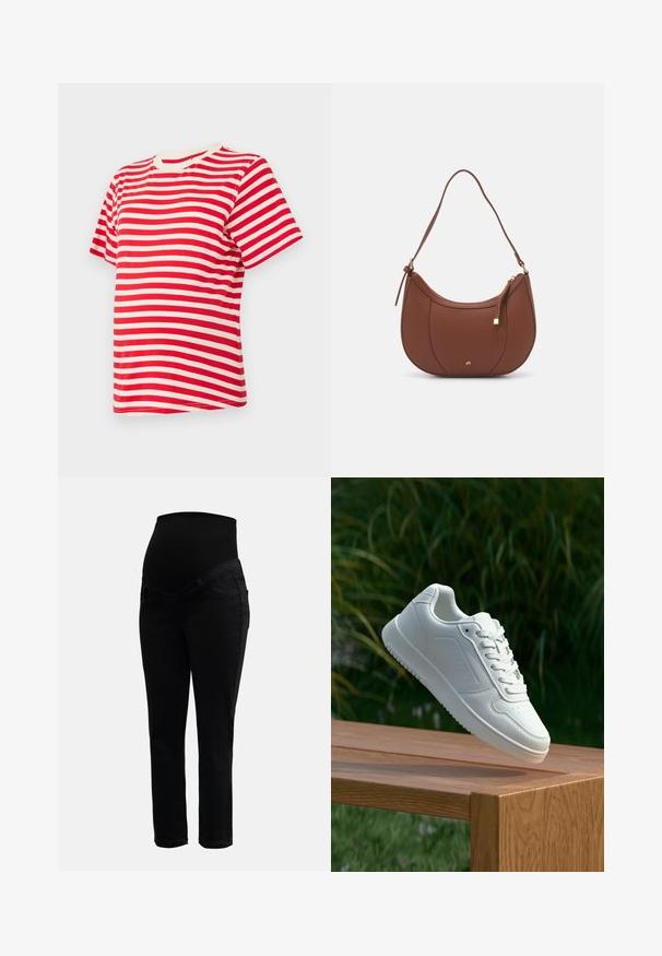 Rood-wit gestreepte korte mouw t-shirt gemaakt van zachte katoen. Heeft een ronde halslijn en een relaxte pasvorm.; Zwarte zwangerschapsjeans met een rekbare hoge tailleband en slanke pijpen, ontworpen voor comfort en ondersteuning tijdens de zwangerschap.; Witte sneaker met een gladde synthetische bovenkant, geperforeerde neus, platte veters en een gestructureerde zool, tentoongesteld op een houten oppervlak.; Bruine faux leren schoudertas met een gebogen vorm, minimale stiksels en een gouden hardware-accent. Voorzien van een bovenste ritsluiting en een verstelbare schouderband.