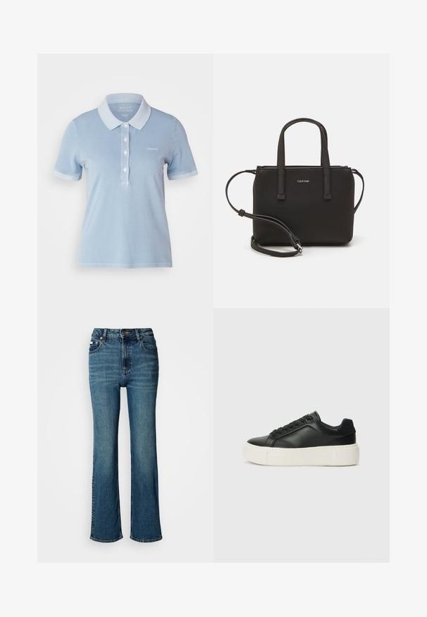 GANT SUNFADED - Poloshirts - hellblau; Højtaljede blå jeans lavet af denim, med lige ben design, subtil fading, og en standard knap- og lynlås lukning.; Sort lædersneaker med rund tå, hvid platformssål og sorte snørebånd. Har et diskret logo på hælen og en glat overflade.; Sort håndtaske med to korte håndtag og en aftagelig skulderrem. Glat læderagtigt materiale med lynlåslukning og logo detaljer.