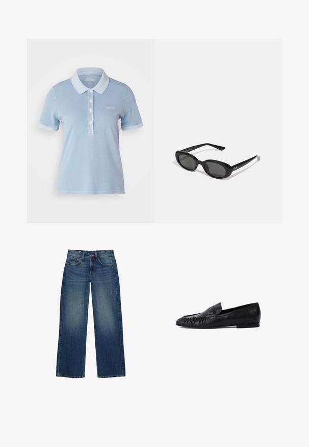 GANT SUNFADED - Pikeepaita - hellblau; Siniset leveälahkeiset farkut, joissa on haalistunut pesu, viisi taskua ja kontrastoiva tikkaus. Suljetaan napilla ja vetoketjulla.; Mustat nahkakengät, joissa on pyöristetty kärki, edessä tikkaukset ja tasapohja. Minimalistinen muotoilu, jossa on hienovarainen logo.; Mustat aurinkolasit, joissa on soikeat linssit, kiiltävä muovikehys ja kapeat varret. Sivussa on valkoinen Ray-Ban-logo.