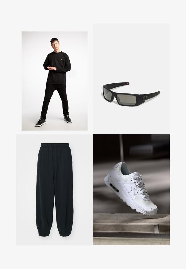 Svart langermet skjorte med en liten gul logo, parret med svarte jeans og svarte joggesko, fremhevet av hvite såler.; Sorte, joggebukser med elastisk liv, løs passform, mansjetter på ankler, glatt tekstur og uten synlige mønstre eller hardware-detaljer.; Hvit Nike Air Max 90 sneakers med øvre del laget av mesh og skinn, perforert tåboks og en synlig luftenhet i hælen.; Sorte solbriller med mat finish, rektangulære linser, lett kurv på brillestengene, diskret logo detaljer, og røyktinted linser.