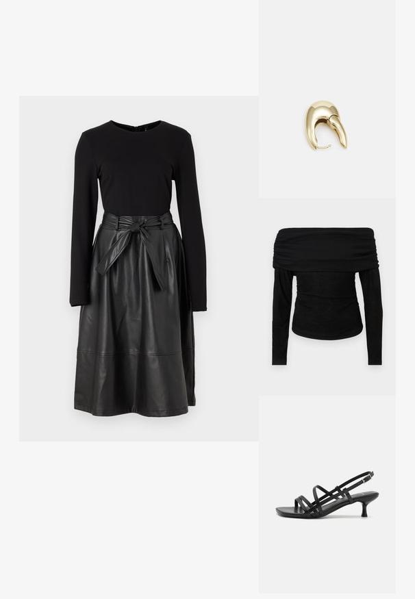 Mustmust off-shoulder pika-sisekujundusega pikkade varrukate ja kätisega särk, millel on kokku volditud kaelus ja rõhutatult liibuv kehaosa. Pehme, kerge kangas sujuva tekstuuriga, minimalistik disain.; Must have pikka mustade pikade varrukatega top ja must faux nahast seelik, millel on sidumisvöö ja sile, läikiv tekstuur.; Mustad musta kandaga sandaalid, millel on mitmed risti minevad rihmad. Sile materjal, terav nina ja kitsas konts. Reguleeritav pahkluuri rihm klambriga.; Kuldtooni metallist kõrvarõngas, millel on elegantne ja kaarjas disain. Omab silmapaistvat teravat kuju, poleeritud pinda ja hingesulgemist.