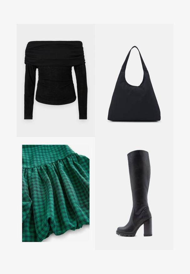 Top negru, off-shoulder, cu mâneci lungi, cu un guler plisat și un corp ajustat. Material moale, ușor, cu o textură netedă, design minimal.; Materialul cu carouri verzi prezintă nuanțe variate, o textură pliată și un tiv ondulat. Aspectul său sugerează că este respirabil și ușor.; Cizmă neagră până la genunchi, din piele netedă, cu toc masiv, vârf rotund, talpă texturată cu aderență, design elegant fără embellishments.; Geantă din material textil negru, cu o bandă lată pentru umăr. Formă moale, semi-structurată și textură netedă; design minimalist, fără accesorii vizibile.