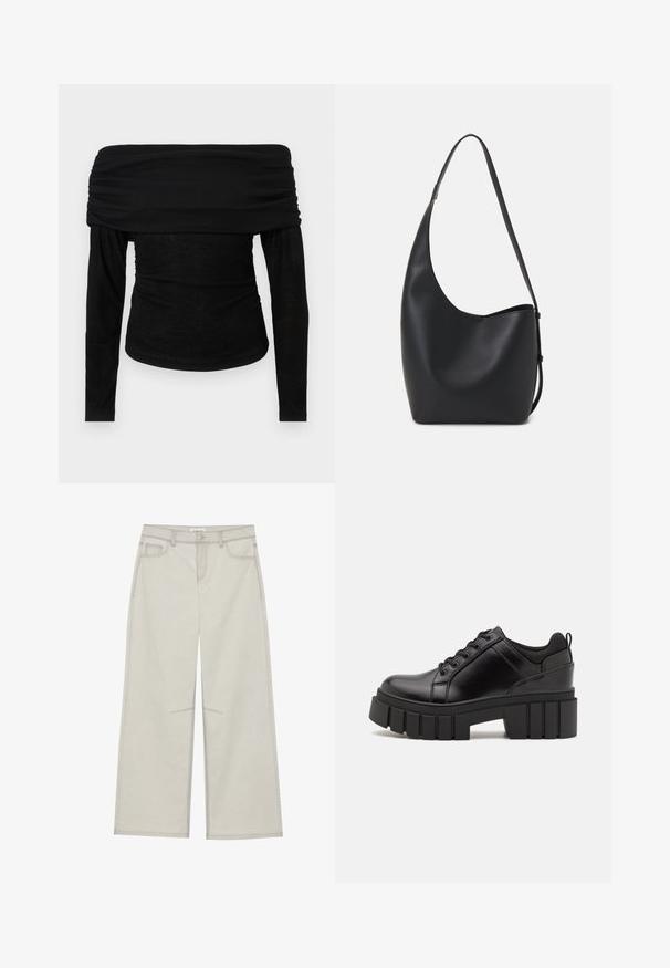 Top preto de manga longa, sem ombros, com decote franzido e corpo justo. Tecido macio e leve com uma textura suave, design minimalista.; Calças largas de um cinza claro com cinco bolsos, fecho frontal com botão e costuras em contraste ao longo das emendas. O tecido parece suave e durável.; Sapatos de plataforma em couro preto com um salto bloco robusto, bico redondo e design clássico de atacadores. Apresentam uma textura suave e detalhes mínimos.; Saco hobo preto em pele com uma textura lisa, forma curva e uma única alça ajustável; apresenta uma abertura larga na parte de cima.