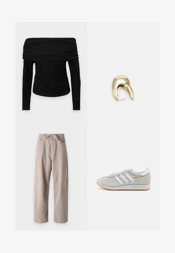 Čierny top s odhalenými ramenami a dlhými rukávmi, s riaseným dekoltom a priliehavým strihom. Mäkkučká, ľahká látka s hladkou textúrou, minimalistický dizajn.; Béžové kordové nohavice s voľným strihom, s elastickým pásom na šnúrku, dvoma prednými vreckami a vertikálnym ryhovaným vzorom.; Svetlosivé tenisky vyrobené z kože a sieťoviny, s tromi bielymi pruhmi, okrúhlou špičkou a gumovou podrážkou. Zlatý logový akcent pri šnúrkach.; Náušnice z kovu v zlatej farbe s elegantným, zakriveným dizajnom. Majú charakteristický špicatý tvar, leštený povrch a uzáver na pánt.