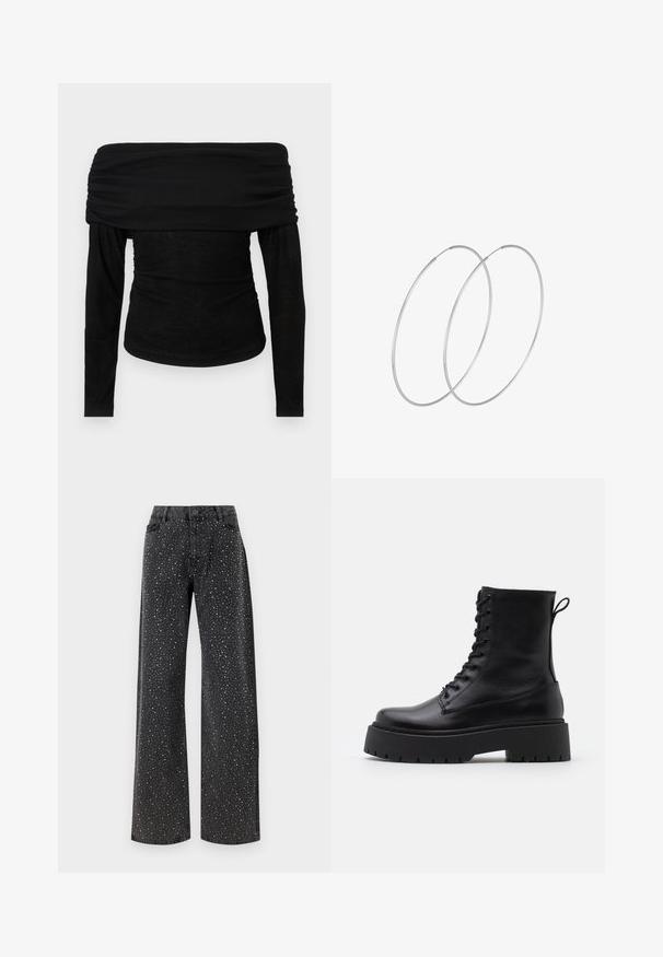 Černý top s odhalenými rameny a dlouhými rukávy, s nařaseným výstřihem a přiléhavým střihem. Měkká, lehká tkanina s hladkou texturou, minimalistický design.; Noisy May NMJANNEL LOOSE - Džíny Relaxed Fit - black denim; Černé kožené kotníkové boty s kulatou špičkou, šněrováním na přední straně a silnou gumovou podešví s texturovaným vzorkem. S poutkem vzadu.; Stříbrné kruhové náušnice s minimalistickým designem. Kruh, hladký povrch a tenký profil. Lehká konstrukce s lesklým povrchem.