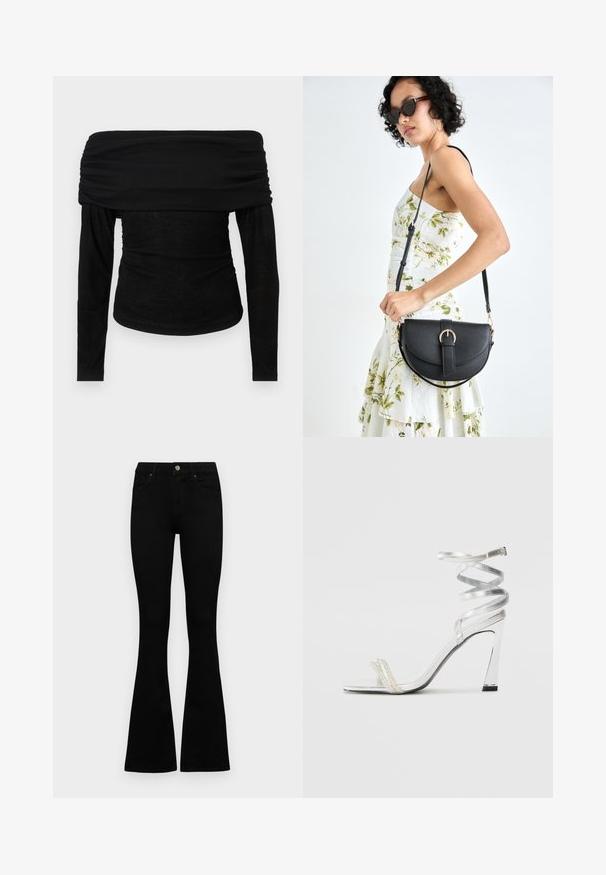 Juoda nenugara ilgaa rankovė viršūnė su sukrautu kaklu ir prigludusia forma. Minkšta, lengva medžiaga su sklandžiu tekstūra, minimalistinis dizainas.; Juodos aukšto liemens džinsai su mygtuku ir užtrauktuku, priekinėmis kišenėmis ir platėjančiomis kojomis, išdėstyti ant baltos fono.; Sidabrinė aukšto kulno sandalai su blizgiu diržo dizainu, featuring perlo panašus akcentas ir spiralinė kulkšnies dirželis saugiam prisitaikymui.; Juodas odinis krepšys su išlenkta forma, nuimamu dirželiu ir auksiniais detalėmis. Krepšys turi kilpą su sagtimi.