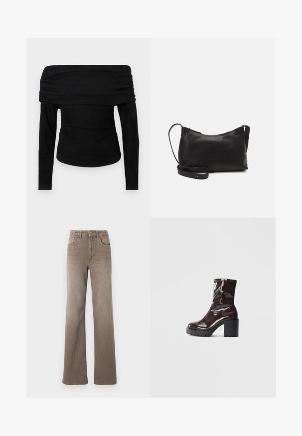 Crna bluzica s ramena dugih rukava s nabranim izrezom i uklopljenim krojem. Mekani, lagani materijal s glatkom teksturom, minimalistički dizajn.; Smeđe traperice visokog struka ravnog kroja s prednjim gumbom, petljama za pojas i klasičnim dizajnom od pet džepova na bijeloj pozadini.; Sjajna burgundska čizma do gležnja s debelim crnim potplatom, koja se odlikuje glatkom teksturom i jednostavnim dizajnom. Nema vidljivih kopčanja ili uzoraka.; Crna kožna torba na rame s glatkom teksturom, zakrivljenim oblikom, podesivim remenom i zatvaranjem na patentni zatvarač. Minimalistički dizajn bez ukrasa.