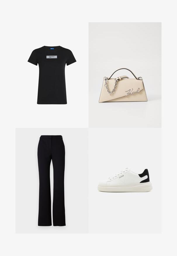 Must must tee, lühikeste varrukatega, ümmarguse kaeluse ja hõbedase ristküliku kujulise logo plaadiga ees. Sile tekstuur ja regulaarne istuvus.; Mustad püksid, millel on sirge lõige, sile tekstuur ja ühe nupukinnitusega vöökoht. Ei ole nähtavaid mustreid ega aktsente.; Valged nahast tennisetossud paksu valge tallaga, musta sametist kontsakeeuga ja külje peal riigilogo reljeefne kujundus. Lukkeskeem kuue silmaauguga.; Bež nahkplekuga kott, millel on struktureeritud kolmnurkne kuju, hõbedase ahela käepide ja kursiivne metallist logo.