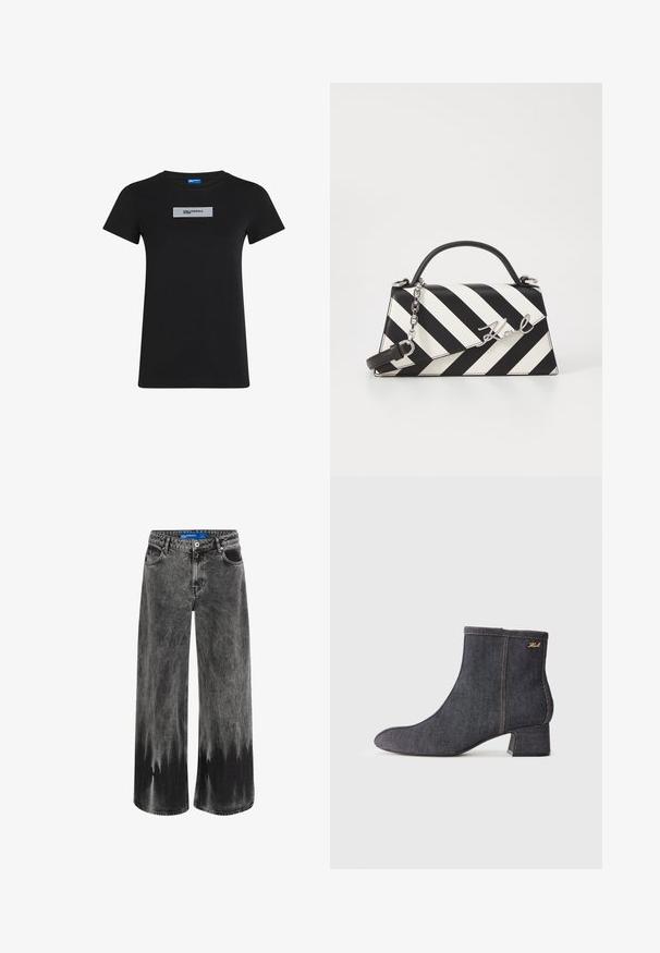 Must must tee, lühikeste varrukatega, ümmarguse kaeluse ja hõbedase ristküliku kujulise logo plaadiga ees. Sile tekstuur ja regulaarne istuvus.; Laiene jalad, fookuses tuhm must denimm, millel on dip-dye efekt, terasest detailid ja klassikaline viie tasku disain koos standaardse vöökohaga.; Tume teksasist sääreking, millel on terav nina, plokk-kand, nähtav õmblus ja peene brändi logo küljel. Ühtlane tekstuur.; Mustriga musta ja valgega käekott, millel on struktureeritud kuju, pehme käepide, eemaldatav ahelriba ja metallist logo aktsent.