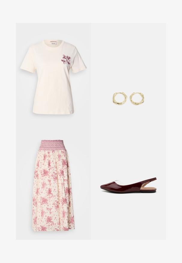 Cremfarbener Baumwoll-T-Shirt mit kurzen Ärmeln und rundem Ausschnitt. Mit einem burgunderfarbenen Blumenmuster im linken Brustbereich.; Maxirock in Creme mit rosa floralem und geometrischem Muster. Verfügt über einen gerafften Bund für eine verstellbare Passform und besteht aus leichtem Material.; Burgunderfarbene patentierte Slingbacks mit spitzem Zehenbereich, transparentem Ausschnitt und flacher schwarzer Sohle. Glatte Textur, minimalistisches Design.; Goldene Creolen mit einer strukturierten, unregelmäßigen Form. Sie verfügen über einen nahtlosen Verschluss und eine polierte Oberflächenbehandlung, die ein modernes Design betont.