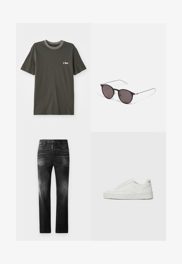 Olivově zelené bavlněné tričko s kulatým výstřihem, s kontrastním pruhovaným límcem a malou nášivkou loga na hrudi.; Černé džíny z denimu se rovnými nohavicemi. Obsahují vybledlé oblasti, drobné poškození, klasický pětikapsový design a zapínání na knoflík.; Bílé kožené tenisky s hladkým povrchem, kulatou špičkou, plochými tkaničkami a texturovanou podrážkou. Na patě se nachází nenápadné logo.; Černé kulaté sluneční brýle s tmavými skly a tenkými kovovými nohami. Obsahují průhledné koncovky nožiček a stříbrné akcenty na pantu. Minimalistický design.