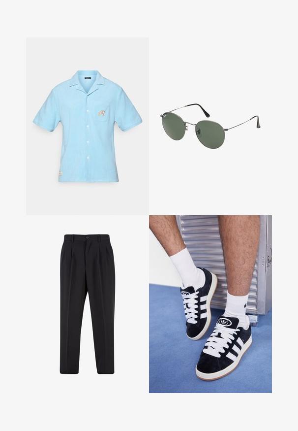 Cămașă scurtă, de culoare albastru deschis, confecționată dintr-un material moale din terry. Prezintă un guler, un buzunar frontal cu detalii brodate și închidere cu nasturi.; Pantaloni negri cu un design față plisată, fabricați dintr-un material neted. Prezintă un închidere cu nasture și brâuri; croială dreptă.; Adidași negri din suede cu șireturi albe și trei dungi albe. Au un logo circular negru pe limbă și o talpă din cauciuc de tip gumă.; Ochelari de soare cu ramă metalică, dotati cu lentile ovale verzi. Ramă subțire din metal argintiu și ușițe negre. Design minimalist, fără logo-uri vizibile.