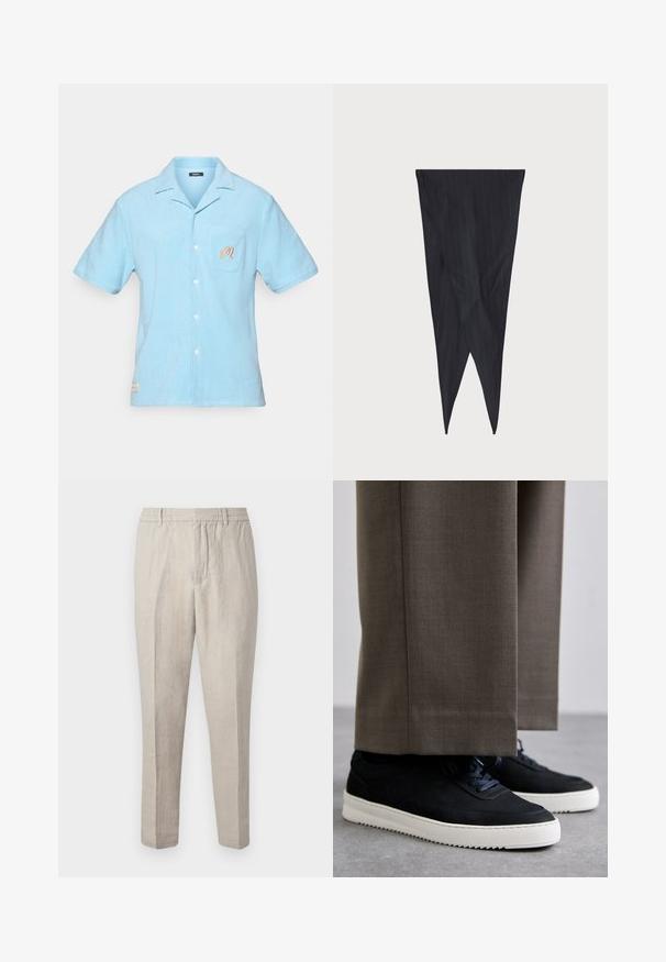 Šviesiai mėlynas trumpavalnių marškiniai, pagaminti iš minkštos frotinio audinio. Su apykakle, priekinė kišenė su išsiuvinėtu detaliu ir mygtukų uždarymu.; Šviesiai smėlio spalvos lininės kelnės su laisvu siluetu, turinčios raištelių juosmenį, siaurėjantys kojomis ir subtilia tekstūra visame audinyje.; Juodi zomšiniai sportbačiai su baltais guminiais padais, su apvalia nosimi ir raišteliais, dėvimi su pilkais pritaikytais kelnais.; Jūrų laivyno juostuotas audinys, siaurėjantis dizainas, pailga forma su smailiais galais, lygus paviršius su vertikaliomis juostelėmis, matomų detalių nėra.