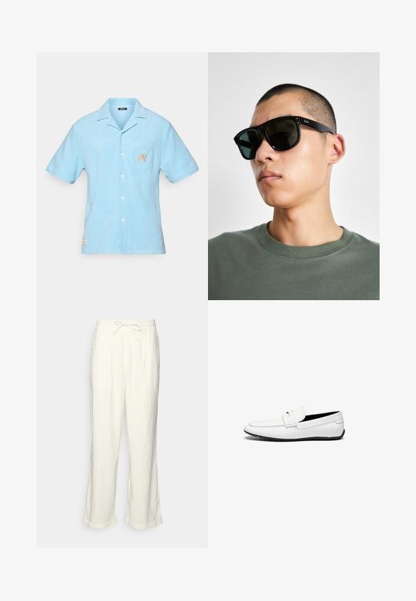 Jasnoniebieska koszula z krótkim rękawem wykonana z miękkiego materiału frote. Posiada kołnierzyk, kieszeń z przodu z haftowanym detalem oraz zapięcie na guziki.; Lnianowe spodnie w kolorze złamanej bieli z elastycznym paskiem w talii, lekko szerokimi nogawkami i podwiniętymi mankietami dla swobodnego wyglądu. Bez kieszeni.; Białe skórzane mokasyny o gładkim wykończeniu, z przeszytym akcentem, zaokrąglonym noskiem i czarną gumową podeszwą dla lepszej przyczepności.; Czarne prostokątne okulary przeciwsłoneczne z ciemnymi szkłami, o charakterystycznym kształcie i logo na zauszniku. Noszone przez osobę w zielonej koszuli.; Biała perłowa naszyjnik o jednolitym, okrągłym kształcie, gładkiej powierzchni oraz metalowym zapięciu z przedłużanym łańcuszkiem dla regulowanej długości.