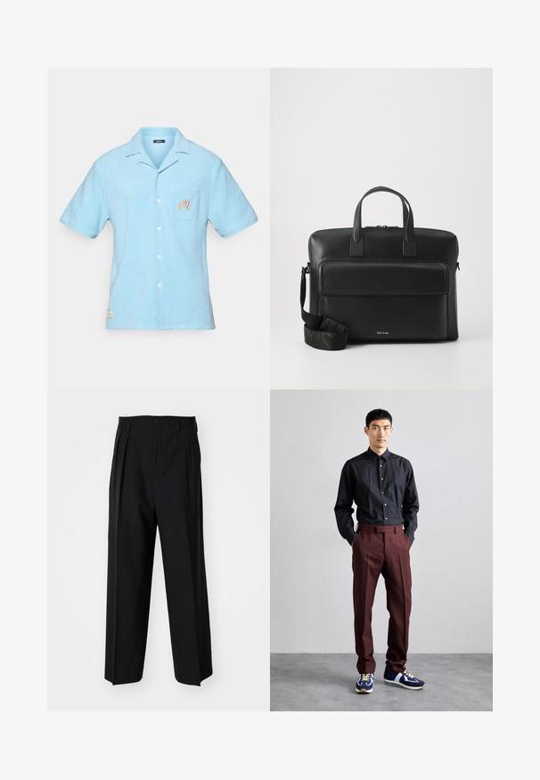 Világoskék, rövid ujjú ing, puha törölköző anyagból készült. Kialakítása színes gallér, elülső zseb hímzett részletekkel és gombos zárás.; Fekete, pliszírozott nadrág, egyenes, széles lábakkal. Sima anyagból készült, gombos záródással és övhurkokkal rendelkezik.; Fekete, hosszú ujjú ing, melyet magas derekú, bordó nadrággal és zöld részletekkel ellátott kék sportcipővel párosítanak. A modell keze a zsebében áll.; Fekete bőr aktatáska kettős felső fogantyúkkal, elülső zsebbel és levehető pánttal, az alján diszkrét logóval.