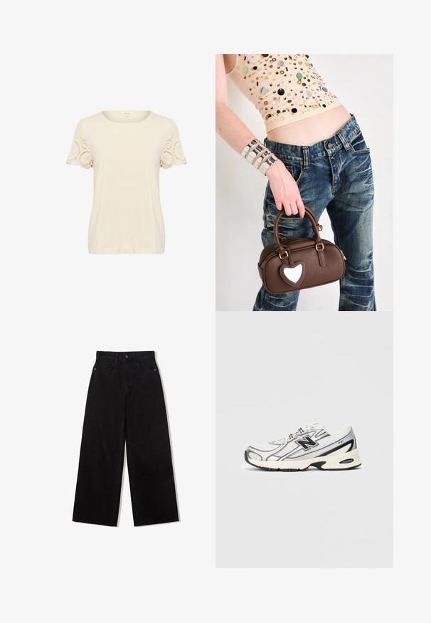 Kremasta majica s izrezom u obliku okruglog izreza i kratkim rukavima. Rukavi sadrže složene čipkaste detalje. Mekani, glatki materijal i opušten kroj.; Crne, široke traperice visokog struka, s pet džepova i jednim gumbom za zakopčavanje sprijeda.; Bijeli i sivi atletski tenisice s crnim "N" LOGO-om, mrežasta gornjište, podloga s amortizacijom i dizajn s čipkastom vezom, prikazano na jednostavnom svijetlosivom pozadini.; Smeđa kožna torba s naglaskom u obliku srca, zaobljenog dizajna, zlatne metalne površine, koju drži ruka; u kombinaciji s poderanim trapericama i topom ukrašenim perlicama.