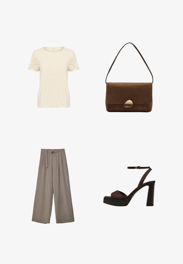 Cream t-shirt with rounded neckline and short sleeves. Sleeves feature intricate lace detailing. Soft, smooth fabric and relaxed fit.; Wide-leg trousers in a soft, muted grey fabric, featuring a belted waist and pleats for added design detail. Smooth texture, no patterns.; Brown suede high-heeled sandal with an open toe, adjustable ankle strap, and a striped platform sole.; Brown suede shoulder bag with curved gold clasp and single strap, rectangular shape with flap closure.