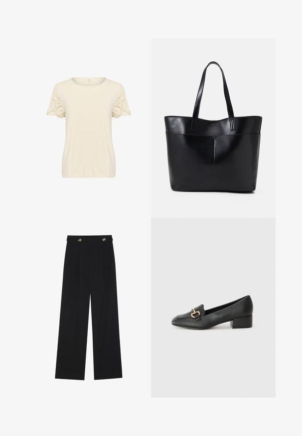 Camiseta crema con escote redondeado y mangas cortas. Las mangas presentan un intrincado detalle de encaje. Tejido suave y liso, con un corte relajado.; Pantalones de pierna ancha negros con cintura alta, detalles de botones en la cinturilla y pliegues en la parte delantera.; Mocasines de cuero negro con tacón plano, que cuentan con un detalle decorativo de hardware dorado en la parte frontal y una textura suave.; Bolso tote de cuero negro con dos asas largas, textura suave y forma estructurada. Cuenta con un bolsillo frontal para almacenamiento adicional.