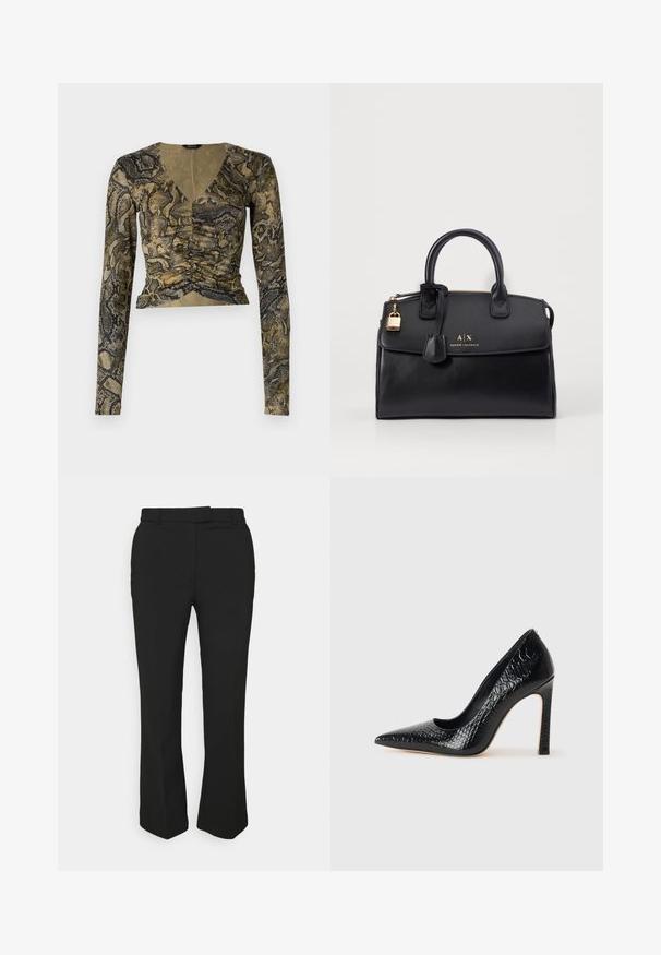 Μακρυμάνικο κοντό τοπ με σχέδιο φίδι, διαθέτει βαθύ V λαιμόκοψη, ρυτίδωση μπροστά και μαλακό, υφασμάτινο υλικό σε πράσινες και μαύρες αποχρώσεις.; Μαύρο τακτοποιημένο παντελόνι με ευθεία γραμμή, που διαθέτει θηλάκια ζώνης και πλαϊνές τσέπες. Κατασκευασμένο από λείο ύφασμα με καθαρή φινίρισμα.; Μαύρο ψηλοτάκουνο παπούτσι με αιχμηρή μύτη και υφή από δέρμα κροκοδείλου, με κομψό σχέδιο, υψηλό τακούνι στιλέτο και λείο μαύρο εσωτερικό.; Μαύρη δερμάτινη τσάντα χεριού με δομημένο σχήμα, χρυσά αξεσουάρ και λεπτομέρεια κλειδώματος. Διαθέτει διπλούς επάνω λαβές και ανάγλυφο λογότυπο μπροστά.