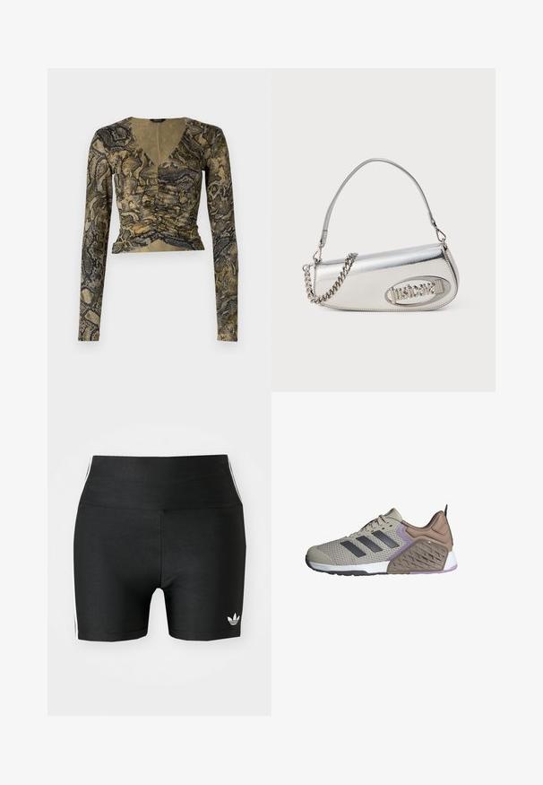 Hosszú ujjú, kígyóbőr mintás cropped top, mély V-nyakkal, elöl ráncolt részletekkel és puha, texturált zöld és fekete színekben.; Fekete sportos rövidnadrág rugalmas anyagból, magas derékkal. Fehér oldalsávokkal és egy kis fehér logóval a szegélyen.; Beige sportcipő szürke kiemelésekkel, texturált hálós felsőrésszel, párnázott nyakkal és mintázott dizájnnal rendelkező, duálisan sűrűségű talppal, lila részletekkel.; Ezüst fémes kézitáska lekerekített háromszög alakú, logóval, láncos pánttal és sima textúrával. Oldalán cipzáras záródás.