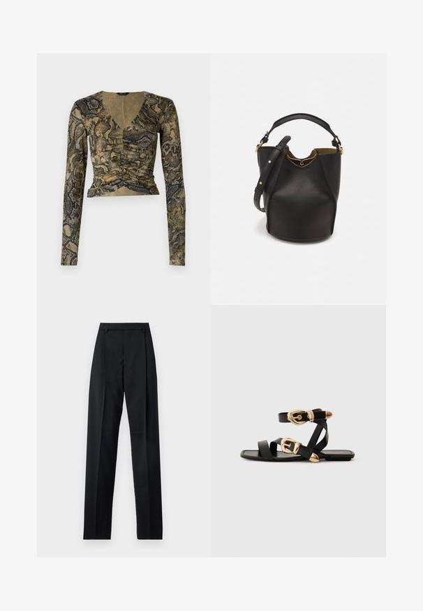 Pikendatud varrukatega lühike topp, millel on maokujuline muster, sügava V-kaeluse, ettepoole kogumise detail ja pehme tekstuuriga kangas roheline ja musta tooni.; Mustad püksid siledast kangast, millel on kõrge vöökoht, laiad jalad, esimesed kortsud ja klassikalised vööloopid. Küljepockets pole nähtavad.; Mustad nahast sandaalid kuldsete pandlitega, millel on mitmed rihmad ja lame talladisain avatud varba jaoks.; Mustast nahkämbriga kott tekstuurses viimistluses, kuldsete metalldetailide aktsentidega ja avatud ülaosaga. Omab lühikest käepidet ja reguleeritavat õlavarre rihma.