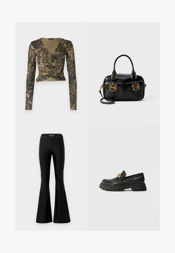Langermet crop top i slangeprint, med dyp V-hals, rynkedetalj foran, og et mykt, teksturert stoff i grønne og svarte toner.; Sorte flagrende bukser med en glat tekstur, der har en tætsiddende talje og en gylden cirkulær accent foran. Lavet af strækbart materiale.; Svart lær loafers med en tykk, teksturert gummisåle. Har en gullkjede-accent over vampen og en rund tådesign.; Svart teksturert lærveske med doble topphåndtak, to frontlommer og gullhardware. Har en avtakbar skulderstropp.