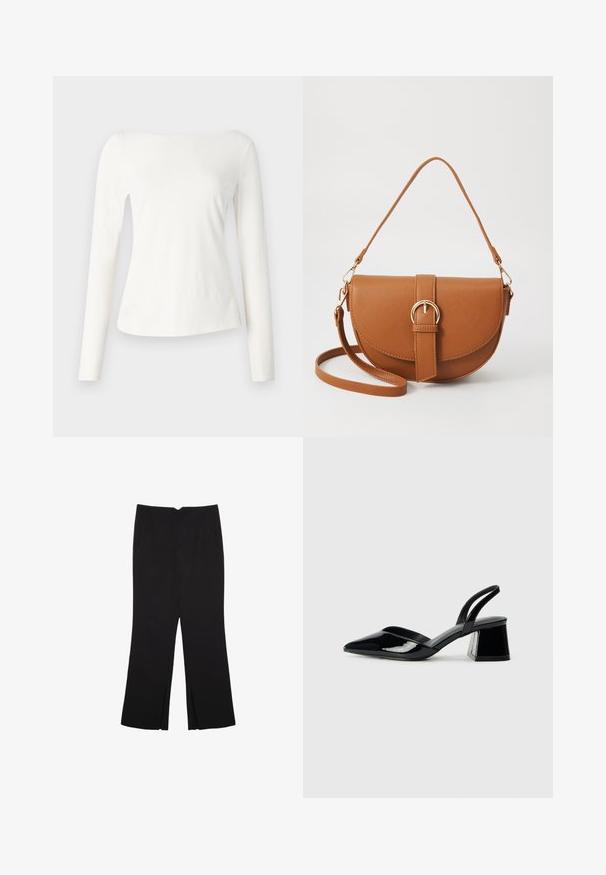 Top a maniche lunghe, scollato sulle spalle, in morbido tessuto bianco. Presenta un corpino aderente e un orlo leggermente svasato. Texture liscia, design minimalista.; Pantaloni neri a gamba dritta, con tasche frontali e spacchi laterali all'orlo. Realizzati in tessuto morbido e liscio. Adatti a diverse occasioni.; Décolleté in vernice nera con punta affusolata e tacco in geometria cubica. Presentano un design elegante e minimalista, con una texture liscia.; Borsa a tracolla in pelle marrone con forma curvata, hardware dorato e un dettaglio con fibbia. Presenta una tracolla rimovibile.
