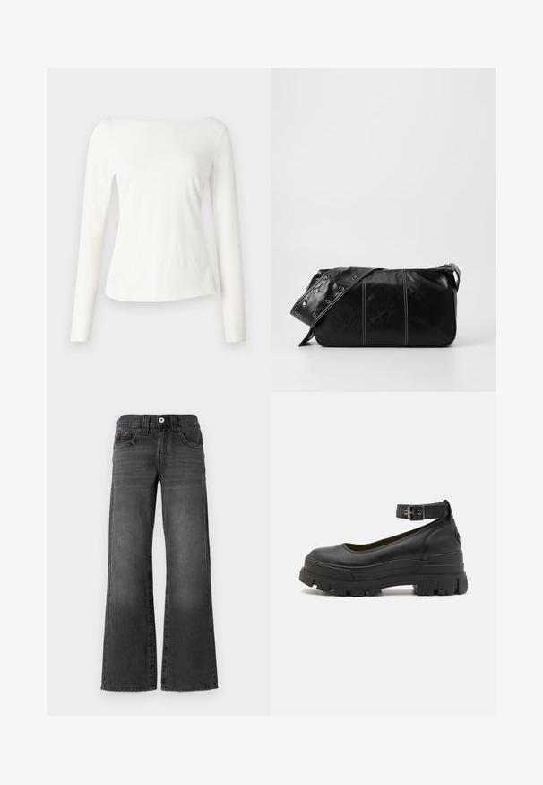 Langärmlige, schulterfreie Bluse aus weichem weißen Stoff. Hat ein tailliertes Oberteil und einen leicht ausgestellt Säumen. Glatte Textur, minimalistisches Design.; Weite Jeans aus dunkelgrauem Denim. Mit fünf Taschen, einem Knopfverschluss und dezentem Verblassen des Stoffes. Klassische Nähte betonen das Design.; Buffalo ASPHA - Plateaupumps - black; Schwarze Leder Schultertasche mit Reißverschluss, ausgestattet mit einer strukturierten Oberfläche, weißen Nähten und einem Tragegurt mit silbernen Ösen.