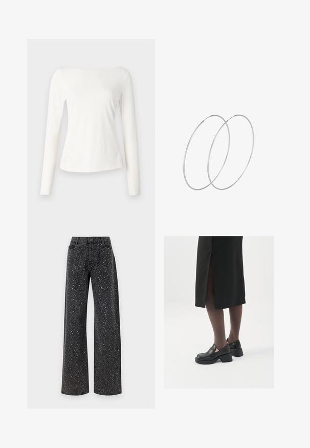 Langærmet off-the-shoulder top i blødt hvidt stof. Har en tætsiddende overdel og en let udvidet kant. Glat tekstur, minimalistisk design.; Noisy May NMJANNEL LOOSE - Jeans Relaxed Fit - black denim; Sorte lædersko med rund tå, kraftig blokhæl og elastiske sideaccentuer, parret med mørke strømpebukser og en sort nederdel med slids.; Sølvøreringe med et minimalistisk design. Cirkulær form, glat tekstur og tynd profil. Letvægtige med en poleret overflade.