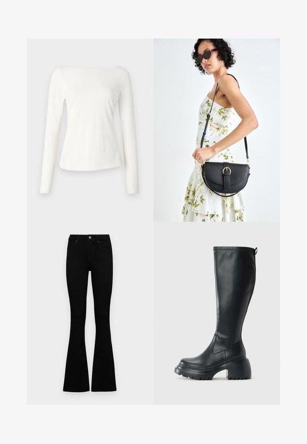 Hosszú ujjú, vállról szabott felső puha fehér anyagból. Illeszkedő testreszabott fazon, enyhén bővülő aljjal. Simább textúra, minimalista dizájn.; Fekete, magas derekú farmernadrág gomb- és cipzárzárral, elülső zsebekkel és harangszárral, laposan egy fehér háttérre terítve.; Magas fekete bőrcipő, vastag platform talppal és blokk sarokkal, húzófüllel és texturált profillal az outsole-on.; Fekete bőrtáska ívelt formával, levehető pánttal és arany színű fémrészekkel. A táskán egy csattal díszített fedél található.