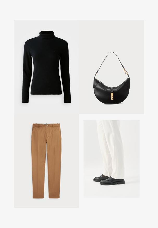 Czarny, żebrowany sweter z długim rękawem i golfem o dopasowanym kroju na jednolitym białym tle.; Brązowe bawełniane spodnie w fasonie slim-fit, z płaskim przodem i standardowymi kieszeniami; gładka tekstura i podwinięte mankiety.; Czarne skórzane mokasyny o gładkiej teksturze, ze szczegółami w postaci szwów i zaokrąglonym noskiem, zestawione z białymi eleganckimi spodniami.; Czarna skórzana torebka w kształcie półksiężyca. Ma złote akcenty i wąski pasek. Gładka tekstura, zamek błyskawiczny na górze.