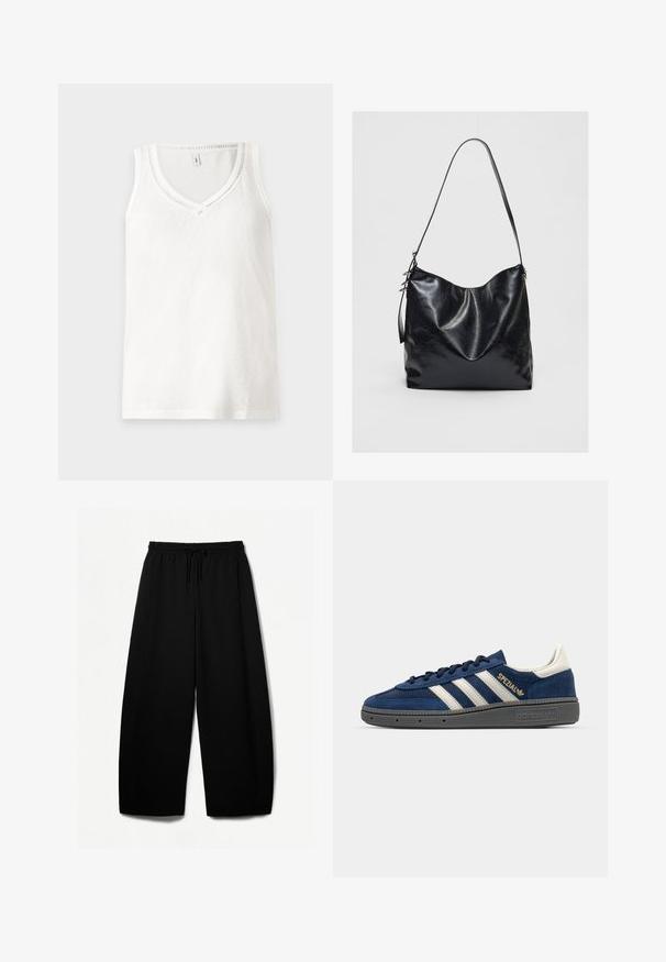 Bela brezrokavna majica s V-izrezom, izdelana iz mehkega materiala, ki se ponaša z diskretnimi rebrastimi detajli ob izrezu in robu.; Črne široke hlače z elastičnim pasom in vrvico. Mehak material z gladko teksturo. Ravno krojene z bočnimi šivi.; Mornarsko usnjeno teniso v temi z belimi črtami, z zlatim detajlom "Spezial", sivo teksturirano podplatom, zaobljenim nosom in usklajenimi vezalkami. Klasičen dizajn.; Črna usnjena torba za ramo z mehko, teksturirano površino. Ima ukrivljen dizajn in en sam nastavljiv trak. Brez dodatne opreme.