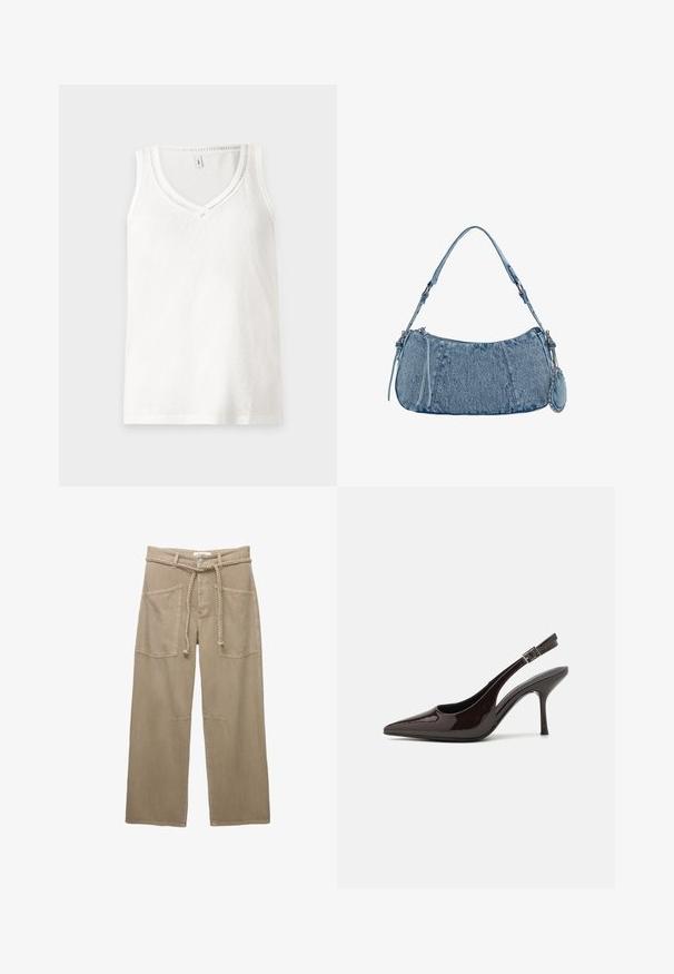 Witte tanktop zonder mouwen met een V-hals, gemaakt van zachte stof, met subtiele ribbelstructuren langs de halslijn en zoom.; Beige wijde broek gemaakt van duurzaam materiaal, met grote voorkzoekers, een gevlochten riem en subtiele stiksels.; Slingback hoge hak schoen in glanzend donkerbruin patentleer, puntige neus, open zijkanten en verstelbare enkelband.; Denim handtas met een gebogen vorm, lichtblauwe kleur, verstelbare schouderriem en een kleine afneembare pouch met metallic accenten.